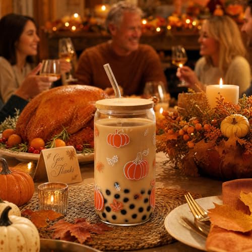 Fall Pumpkin Glass Cup - Halloween Thanksgiving Autumn Gift Set with Straw & Brush - Pumpkin Variation