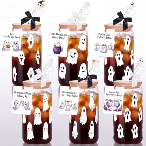 Halloween Ghost Glass Cups 16 oz Set with Lid Straw & Stopper - 6 Styles