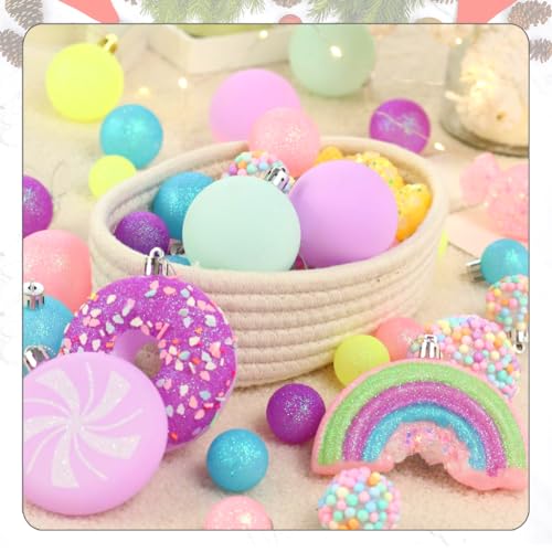 Christmas Tree Ornaments Set 40 Pink & Yellow Candy Donut Style Holiday Decorations — Variation of 40Macaron