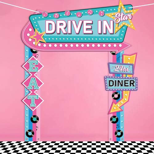 1950s Retro Diner Party Decorations Set with Banner Rug and Props