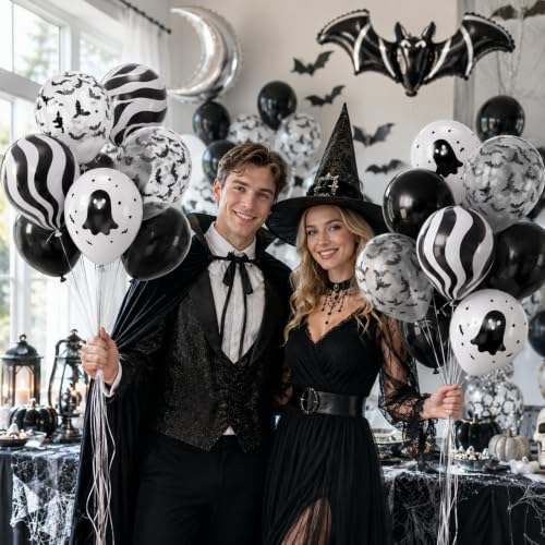 Black Silver Halloween Balloons Set with Ghost, Bat & Moon Foil - Party Decorations