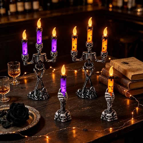 Halloween Skeleton Candelabra LED Candle Holders Set - Skull Decor for Parties