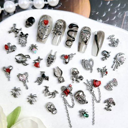 Halloween Nail Charms Set 20Pcs Gothic 3D Metal Spider Bat Skull Moon Gems Variation of THIS listing