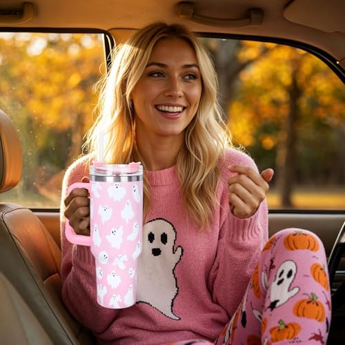 Pink Ghost Halloween Tumbler 40 oz Travel Coffee Cup with Handle & Straw