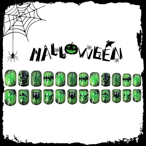 Green Halloween Press-On Nails Set - Short Square Fake Nails with Ghost Face & Pumpkin Designs, 24 Pieces