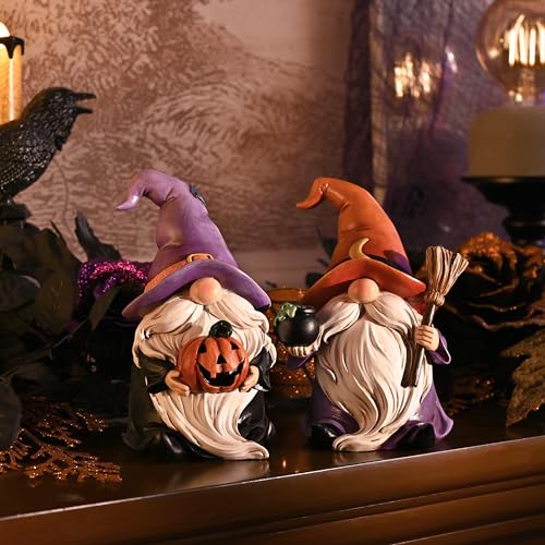Large Halloween Gnome Decor Set - 2 Resin Figurines with Witch Hat & Broom, Indoor & Outdoor - Valery Madelyn