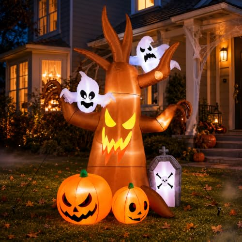 8ft Halloween Inflatable Ghost Tree Decoration with Pumpkins and Tombstone - Waterproof & LED Lighted Yard Decor