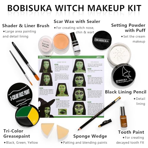 Halloween Witch SFX Makeup Kit - Green Face Paint, Scar Wax & Costume Accessories