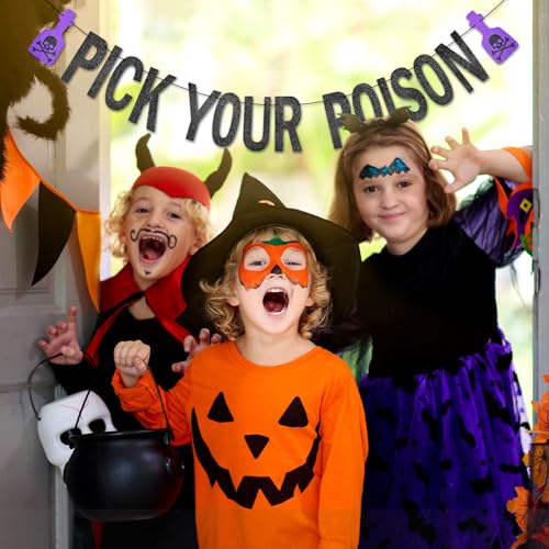 Black Glitter Halloween Banner Pick Your Poison Party Decor with Potion Bottles