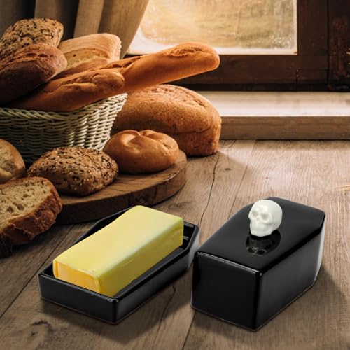 Gothic Skull Ceramic Butter Dish with Lid - Halloween & Horror Decor