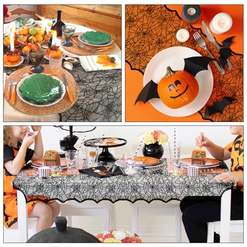 2-Pack Halloween Black Lace Spider Web Table Runners - 14x48 Inches, Indoor Decor
