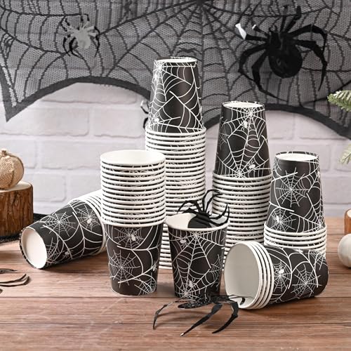 Halloween Disposable Paper Cups 9oz Spiders Web Design Black White 100 Pack - Party Supplies
