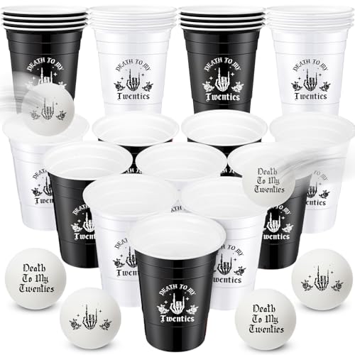 30 Pack Gothic Themed Plastic Cups and Spooky Birthday Balls for 30th Party