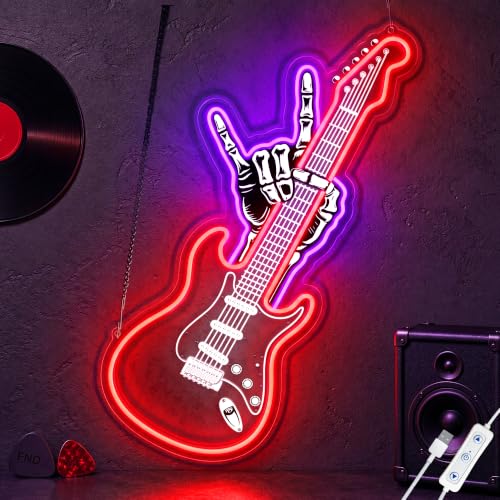 Red Guitar Neon Sign with Rock Hand - USB Powered LED Wall Decor for Music Rooms