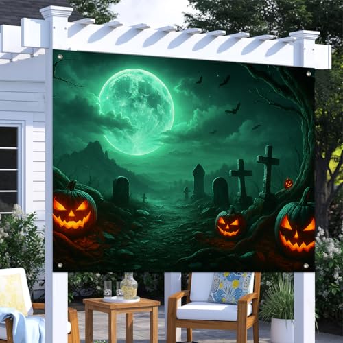 Halloween Backdrop Pumpkin Moon Scene 8x6ft - Spooky Cemetery & Full Moon - Variation of THIS listing