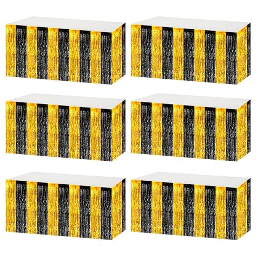 Black and Gold Metallic Foil Fringe Table Skirts 29x108 Inches - 6 Pack for Weddings Parties