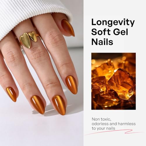 Short Almond Press-On Nails - Burnt Orange Cat Eye Nails - Maple Syrup 1E