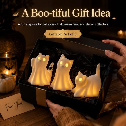 3-Pack Ceramic Ghost Cat Halloween Figurines - Indoor Tabletop Decor