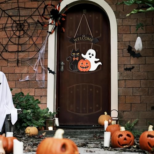 Wooden Halloween Welcome Sign - Indoor & Outdoor Decor with Pumpkin Ghost Black Cat Motifs