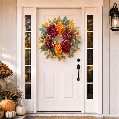 24-Inch Fall Wreath for Front Door - Autumn Decorations, Realistic Artificial Flowers
