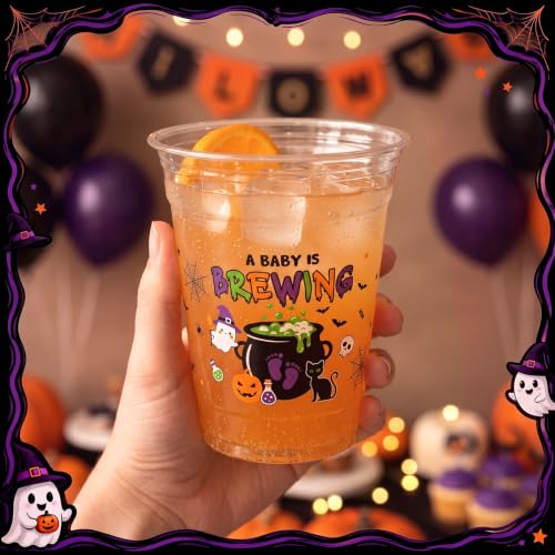 Halloween Baby Shower Cups - 50 Clear 12oz Plastic Cups with Spooky Cauldron & Ghost Design, Brewing Variation