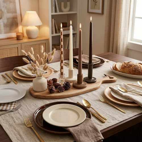 Fall Taper Candles Set - Brown Checkered 10 Inch Rustic Decor