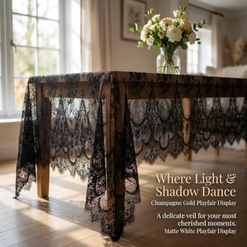 Black Lace Tablecloth 60x120 Inches Rectangular Wrinkle-Free Floral Overlay - Variation 005-Black