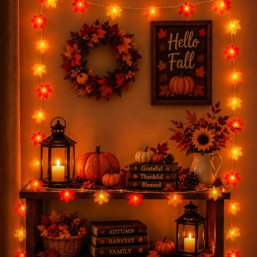 Lighted Fall Garland with 4-Color Maple Leaves - 20ft Battery-Operated Halloween Thanksgiving Decor - 2 Pack