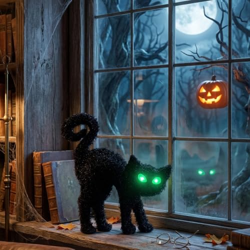 Black Cat Silhouette Halloween Decor with Glowing Green Eyes & Timer - Indoor Feline Accent