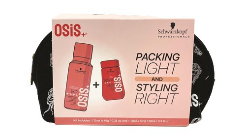 OSiS+ Travel Hair Styling Kit - Includes Dust It Mattifying Volume Powder & Grip Extreme Hold Mousse | Makeup Bag Gift Set