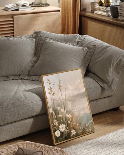 Wildflowers Lakescape Canvas Wall Art - Framed Landscape Decor, 24x16 Inches - Variation of Wildflowers Lakescape / 24L x 16W