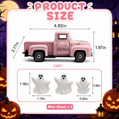 Pink Ghost Truck Halloween Figurine Set with Removable Mini Ghosts - Indoor Decor