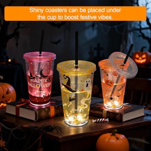 Halloween Party Cups Set 15 oz Double-Wall Plastic Glitter Cups with Lids & Straws