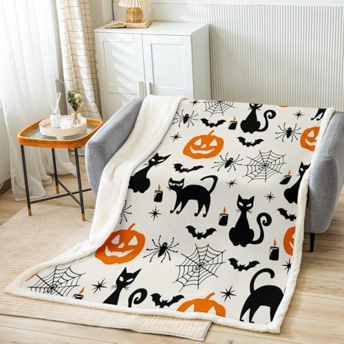 Halloween Sherpa Plush Blanket - Black Cat Pumpkin Ghost Fleece Throw 50x60 Inches - Variation of THIS listing