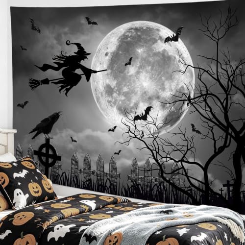 Halloween Moon & Witch Wall Tapestry - Grey Full Moon Night Scene, 40 x 60 Inches