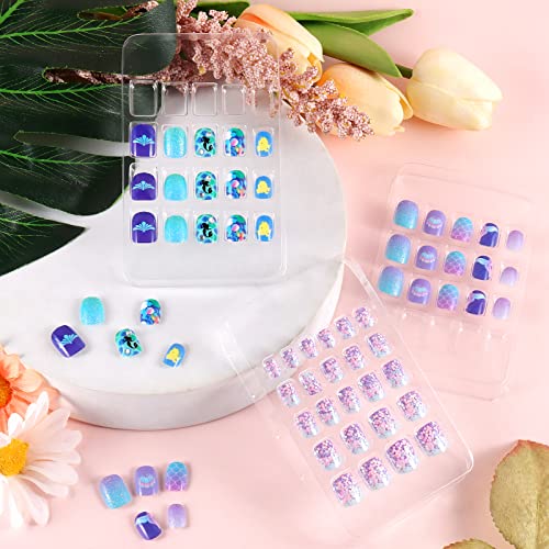 Children Press On Nails Set - Full Cover, 64pcs, Blue Purple Mermaid Variation