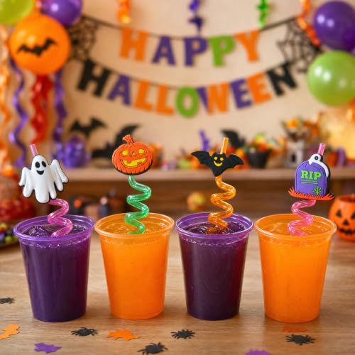Halloween Theme Plastic Curly Drinking Straws with Charms - 16 Pcs Reusable