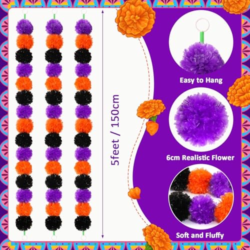 Artificial Marigold Garland 5 Feet - Orange Black Purple Diwali Wedding Decorations, Set of 3