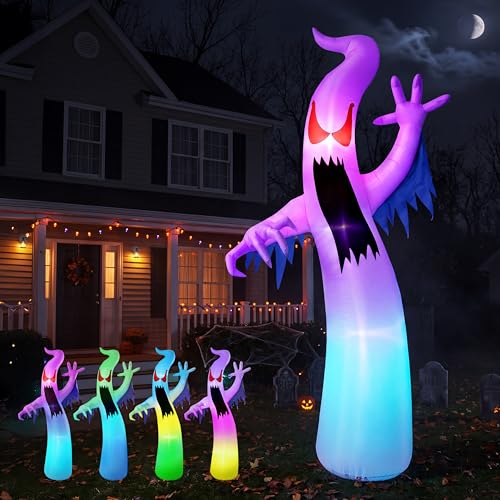 12 Ft Tall Halloween Inflatable Ghost Decor - Blue LED Lights, Outdoor Yard Decoration