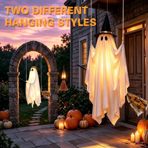 Halloween Ghost Decoration with Witch Hat and Detachable Broom - Outdoor Spooky Yard Decor