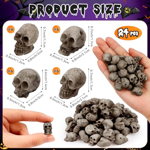 Mini Resin Skull Heads for Halloween Crafts & Decorations - 24 Pack