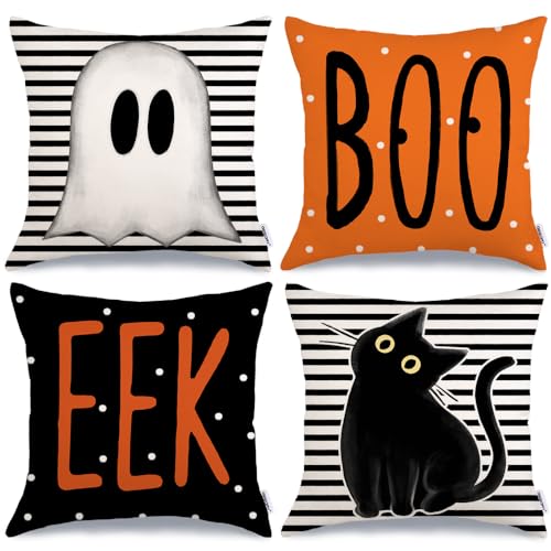 Multicolor Halloween Pillow Covers 18x18 Inch Set of 4 Ghost and Cat Decor