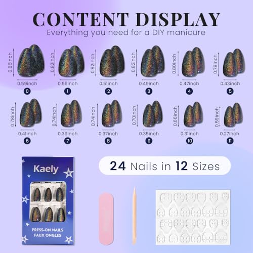 evpct Black Iridescent Colorful Glitter Cat Eye Press-On Nails Short Almond 24Pcs