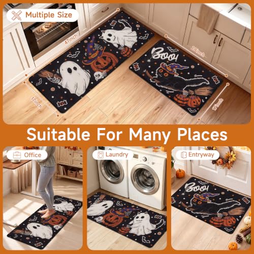 Vaukki Fall Anti-Fatigue Kitchen Floor Mat Set of 2 - Boo & Pumpkin Pattern, 17x29 & 17x47 Inches