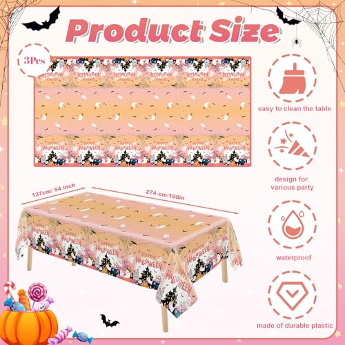 Pink Halloween Tablecloth Set - 3 Disposable 108x54 Inch Ghost Pumpkin Bats