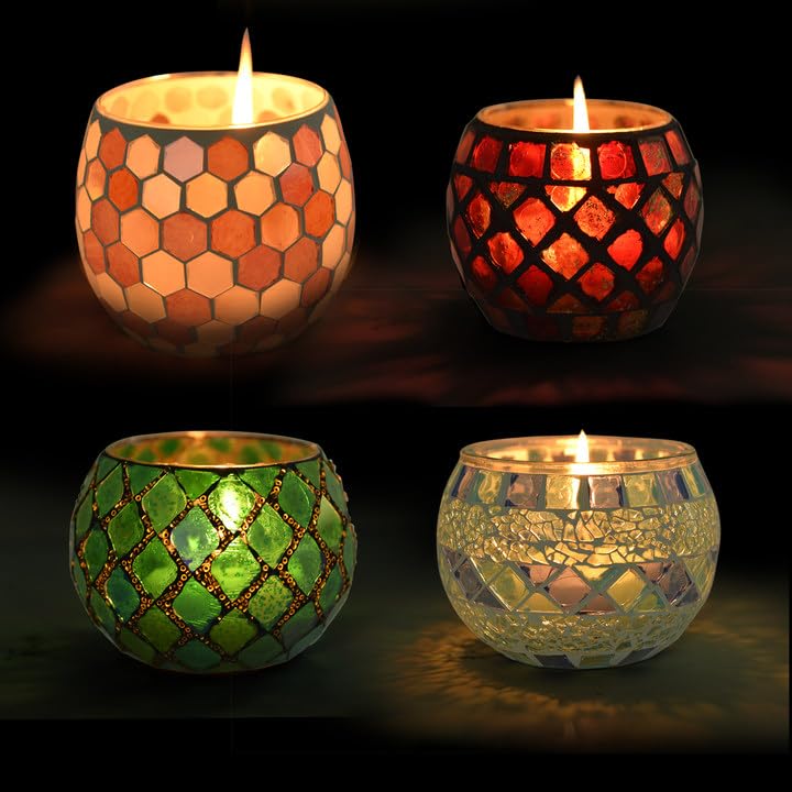 Multicolor Candle Holder Tea Light Votive Decor - 4 Pack Small Campfire Style with Mosaic Design