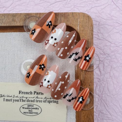 Press-On Nails Halloween Brown French Tip Style 23 - Ghost Bat Flower Design, Medium Length, Glossy Fake Nails, 24 Pcs