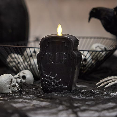 Small Black Flameless RIP Tombstone Candle - Halloween Decor, Moving Flame LED Light