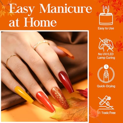 Dip Powder Nail Kit Starter Set - Orange Sparkle Fall Colors, No Lamp Needed
