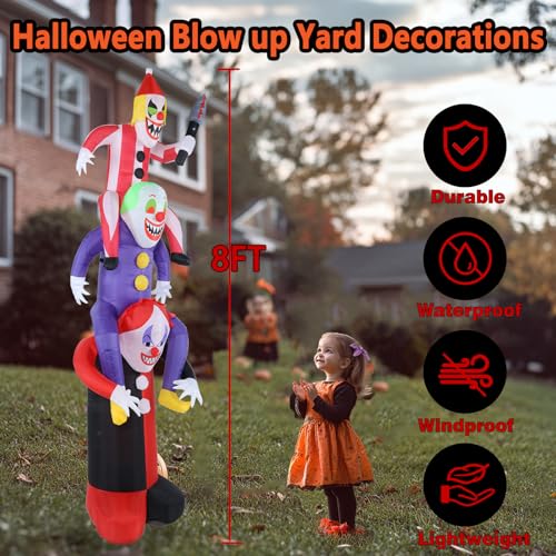 Halloween Inflatable 8ft Scary Clowns Stacked in Human Ladder with LED Lights - Outdoor Decor - Variation of Clown